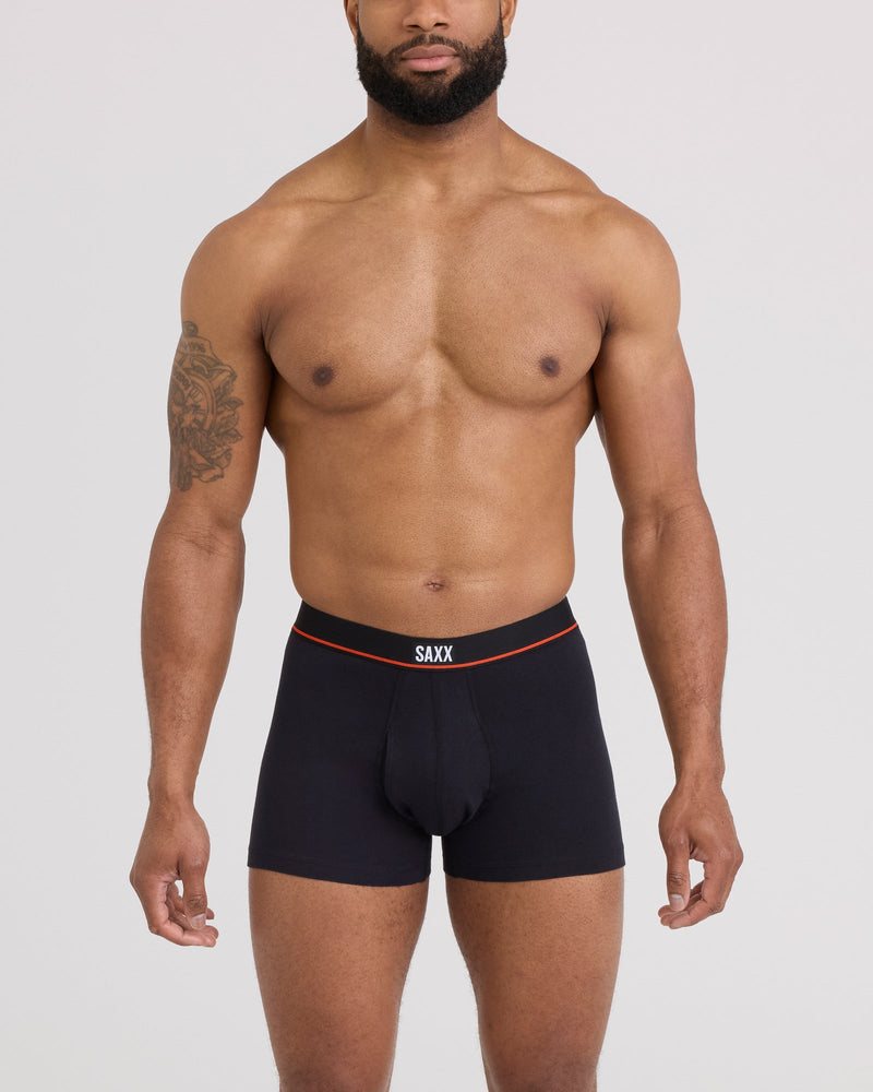 Adult male model wearing black square-cut trunks